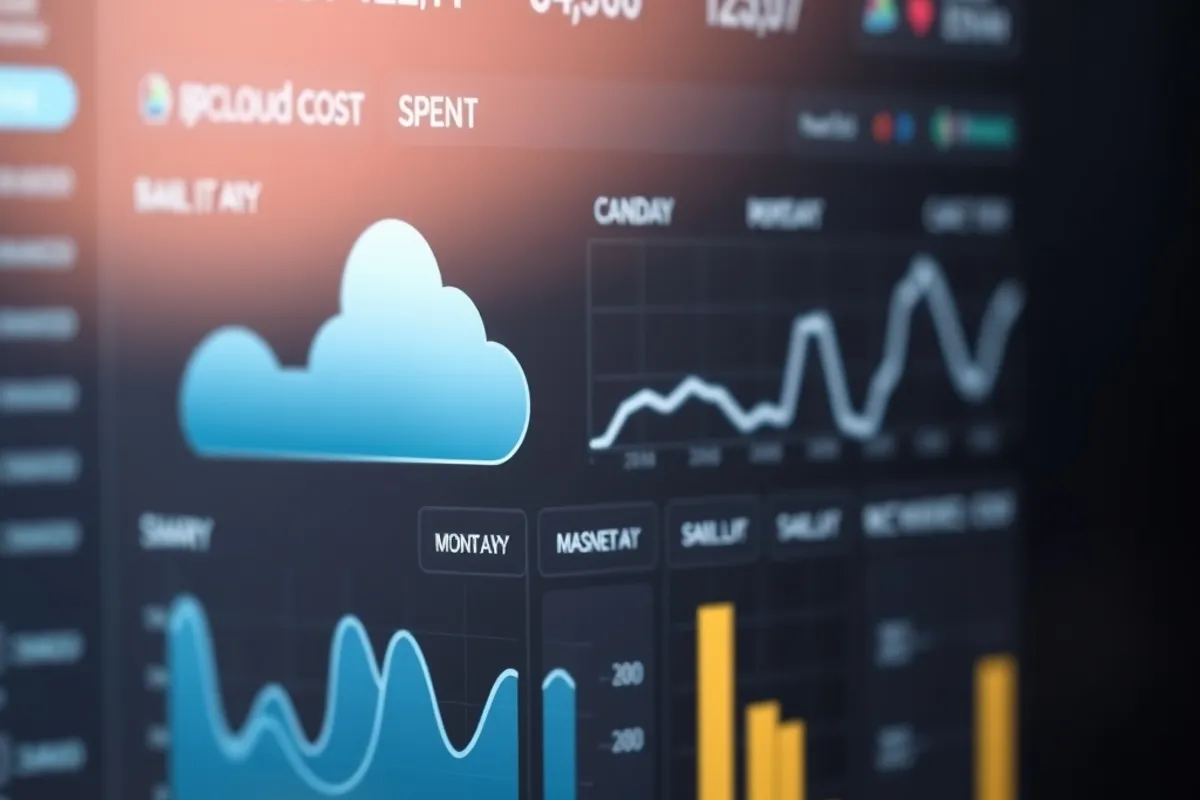 A laptop showing a cloud billing dashboard with cost charts