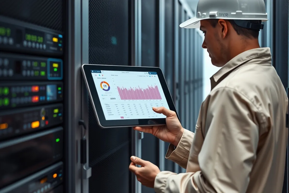 A server rack with a technician checking utilisation readings