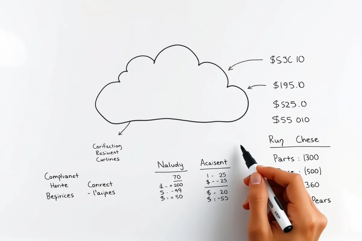A whiteboard with a cloud architecture diagram and handwritten cost notes