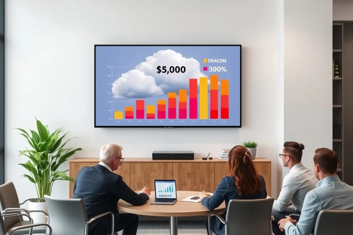 A finance review meeting with a cloud cost report on a screen