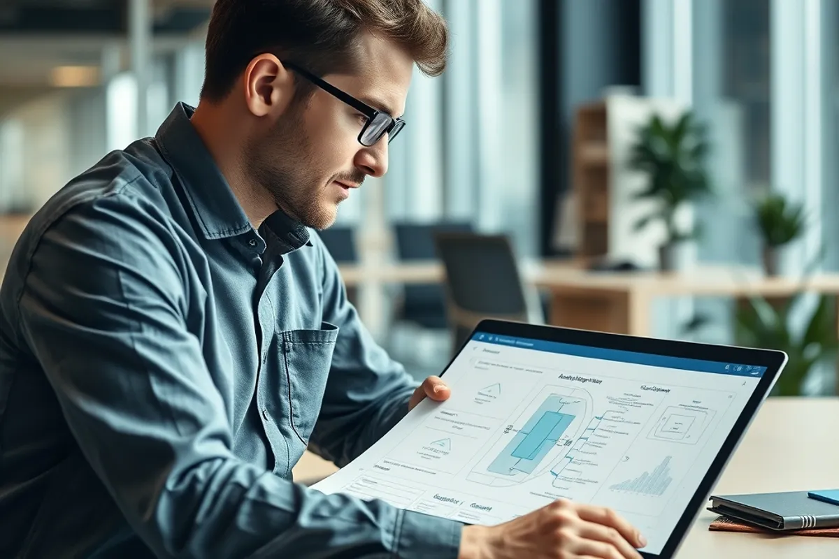 An engineer reviewing a cloud migration plan on a laptop with diagrams