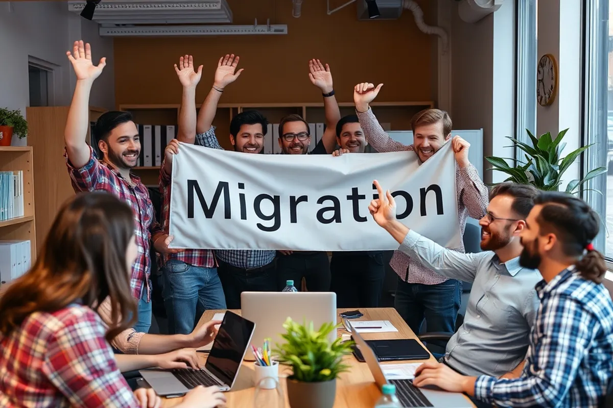 A small engineering team celebrating a completed migration in a modest office