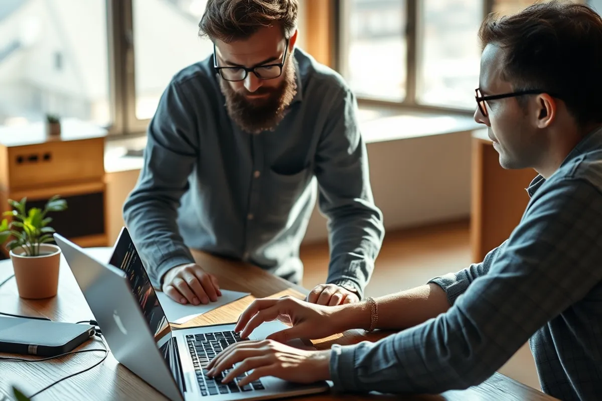 Two developers reviewing code together on a laptop at a wooden desk