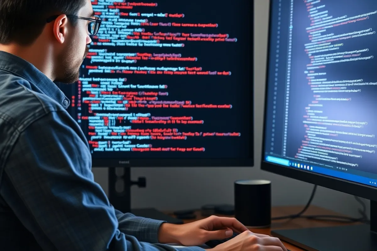 A developer reading a code diff on a large monitor with a notebook beside the keyboard