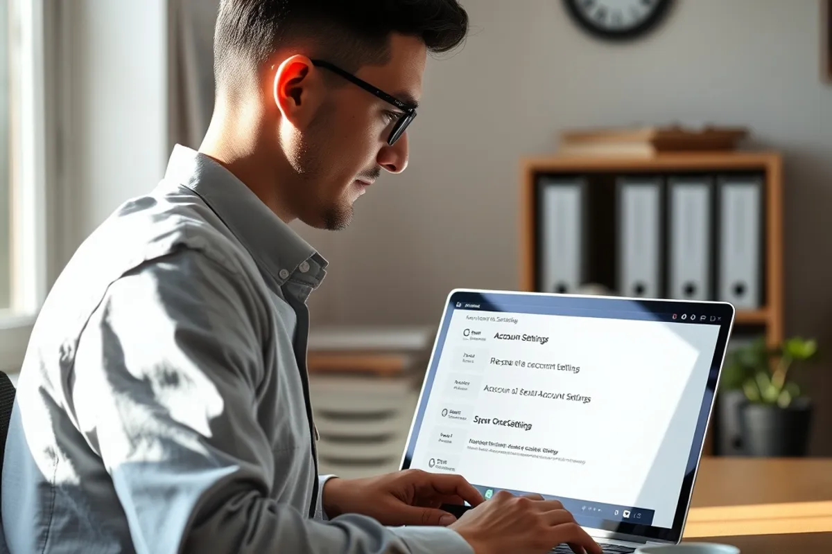 A small business owner reviewing security settings on a laptop in a back office