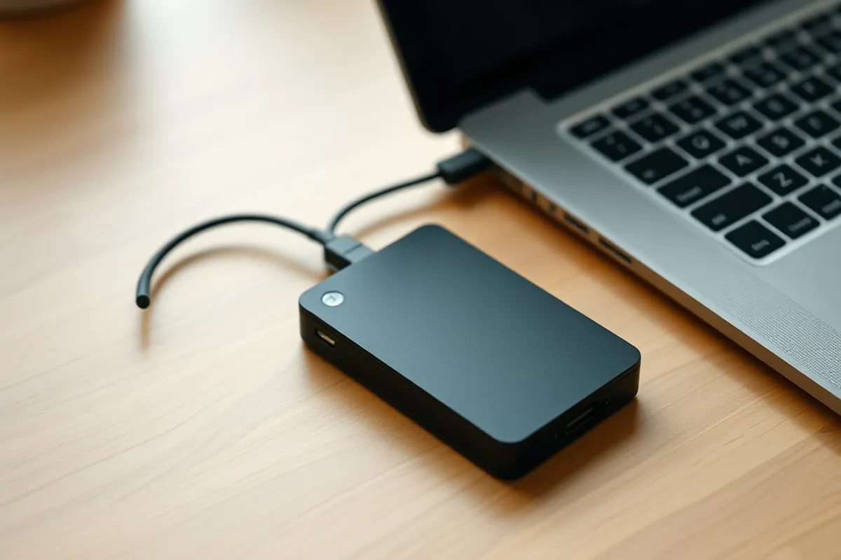 An external backup drive and a laptop on a clean wooden desk