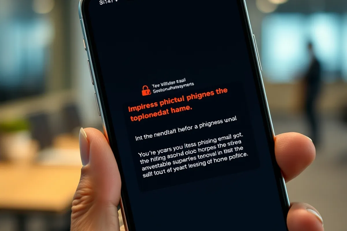 A smartphone showing a suspicious phishing email warning in hand