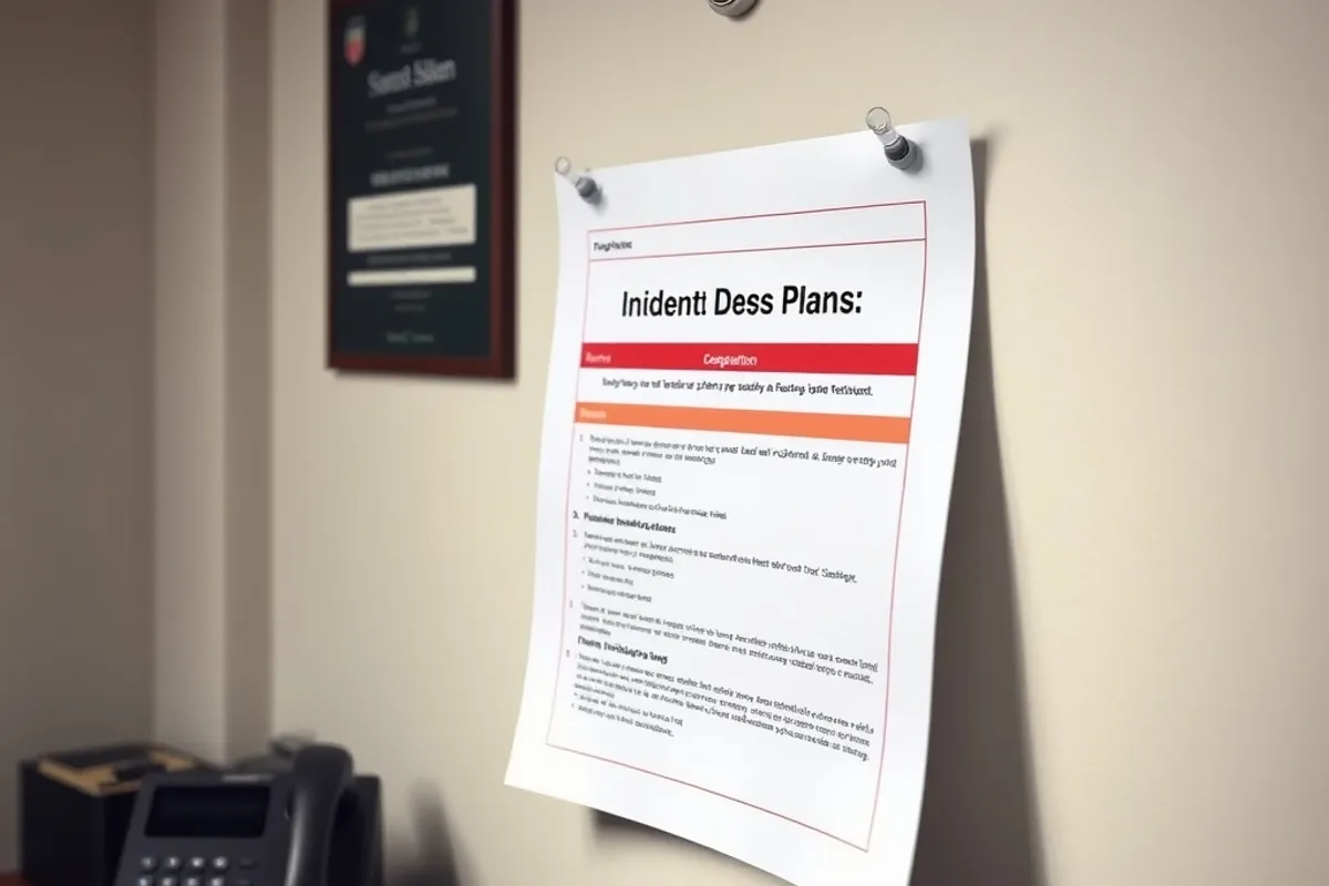 A printed incident response plan pinned beside a desk telephone