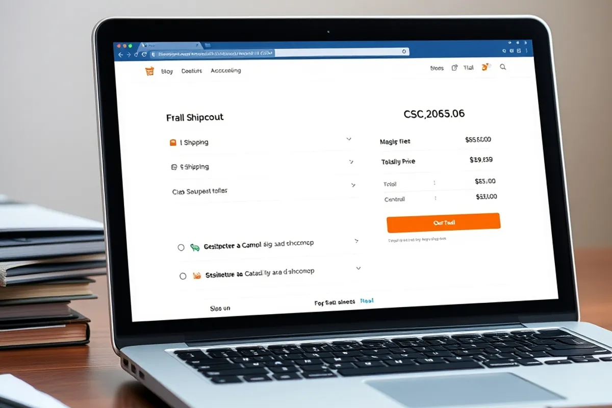 A laptop displaying a checkout page with shipping options and total price