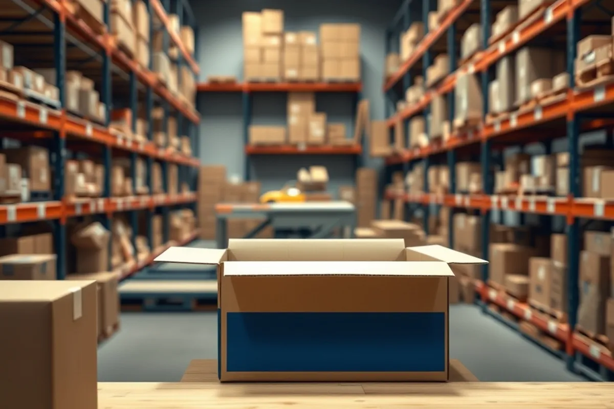 A warehouse packing bench with an order being prepared in a box