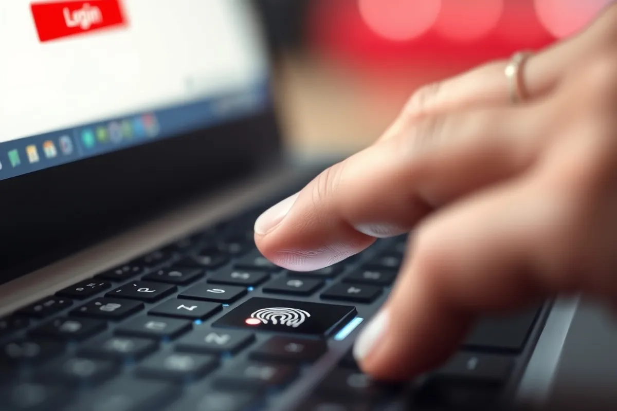 A person signing in on a laptop with a fingerprint prompt on screen