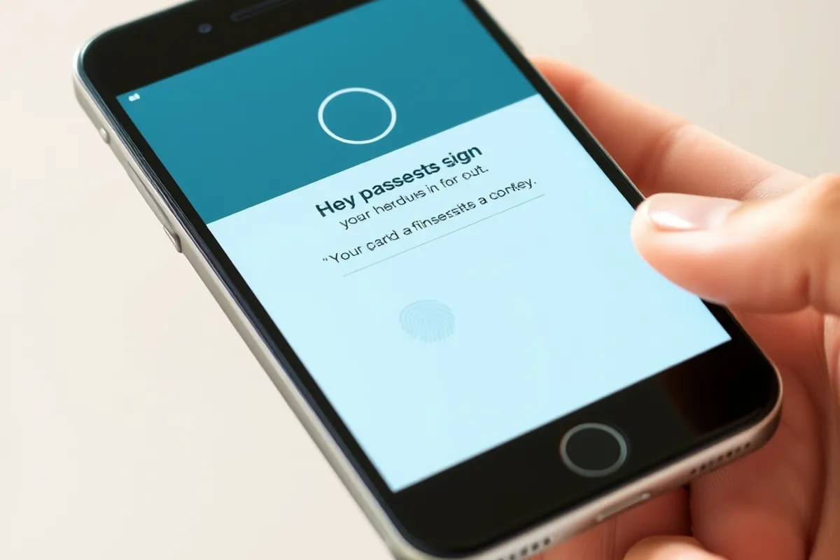 A smartphone showing a passkey sign-in prompt with a fingerprint icon