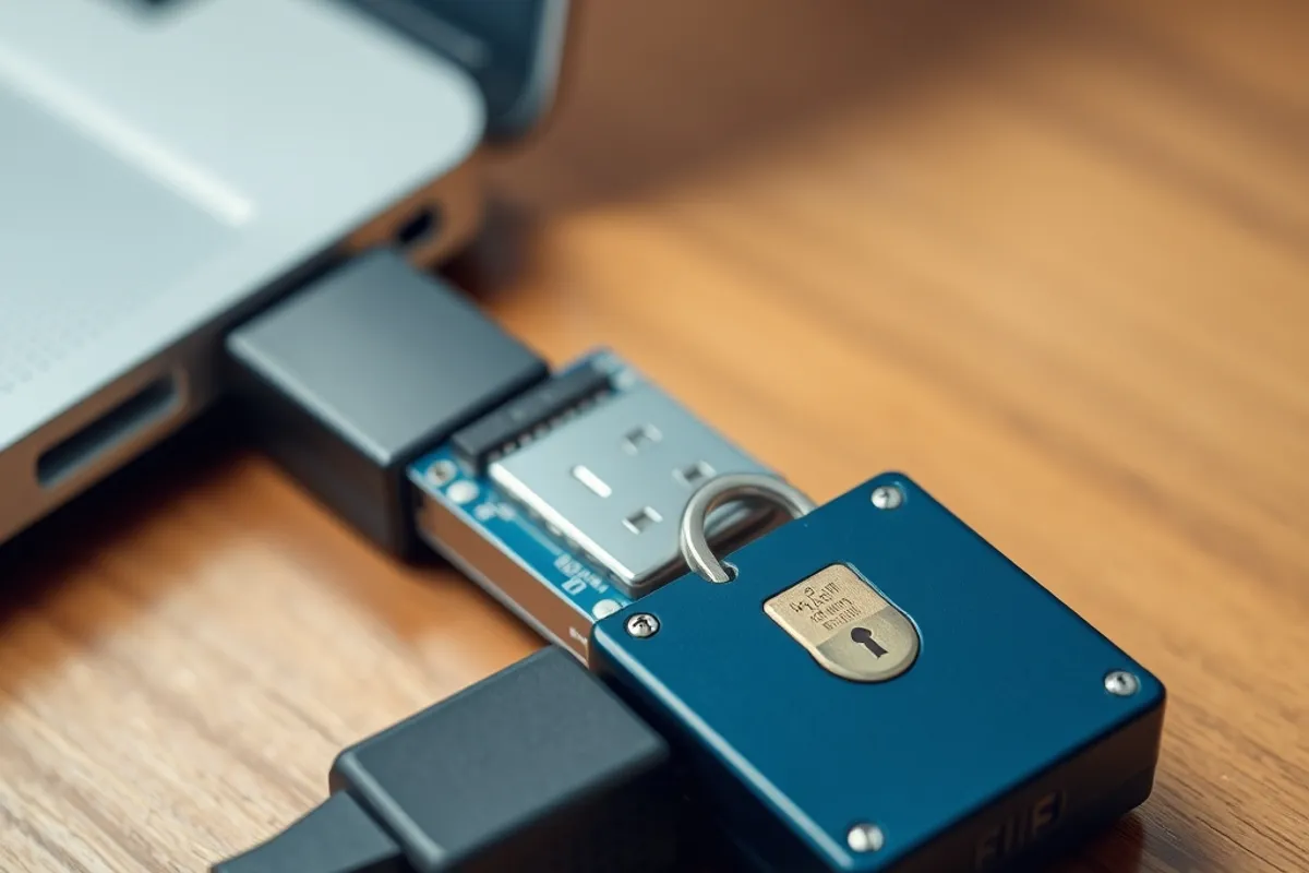 A hardware security key plugged into a laptop USB port