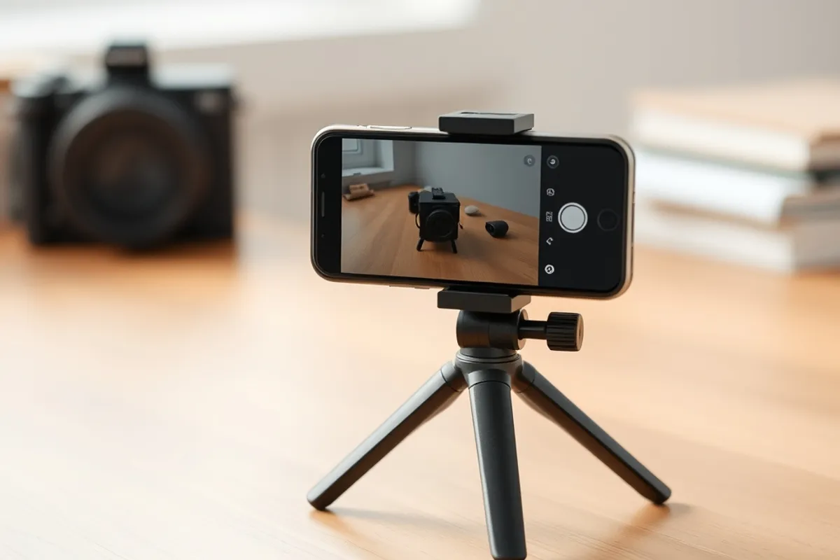 A smartphone on a small tripod filming a product on a wooden desk