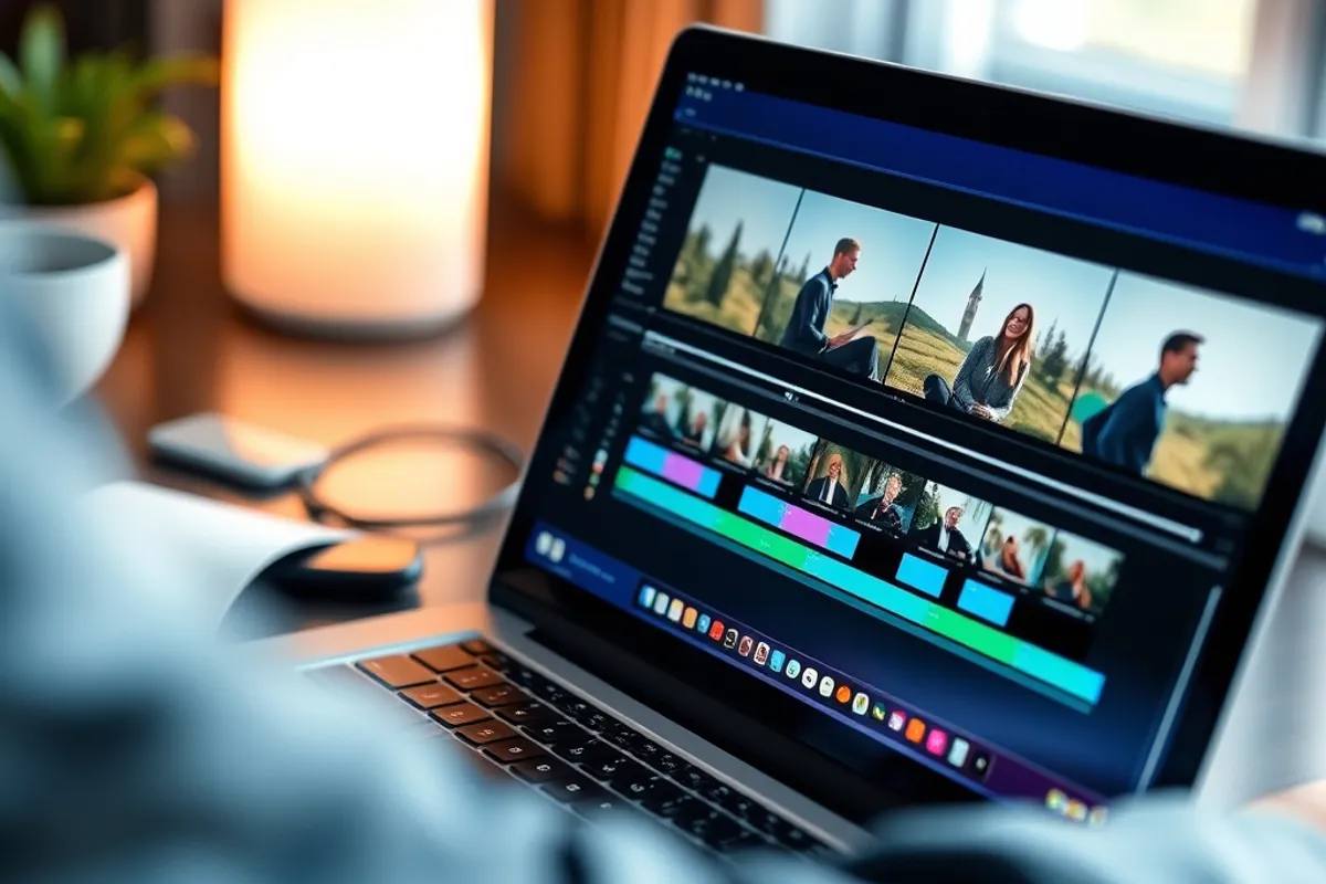 A video editing timeline on a laptop with captions visible