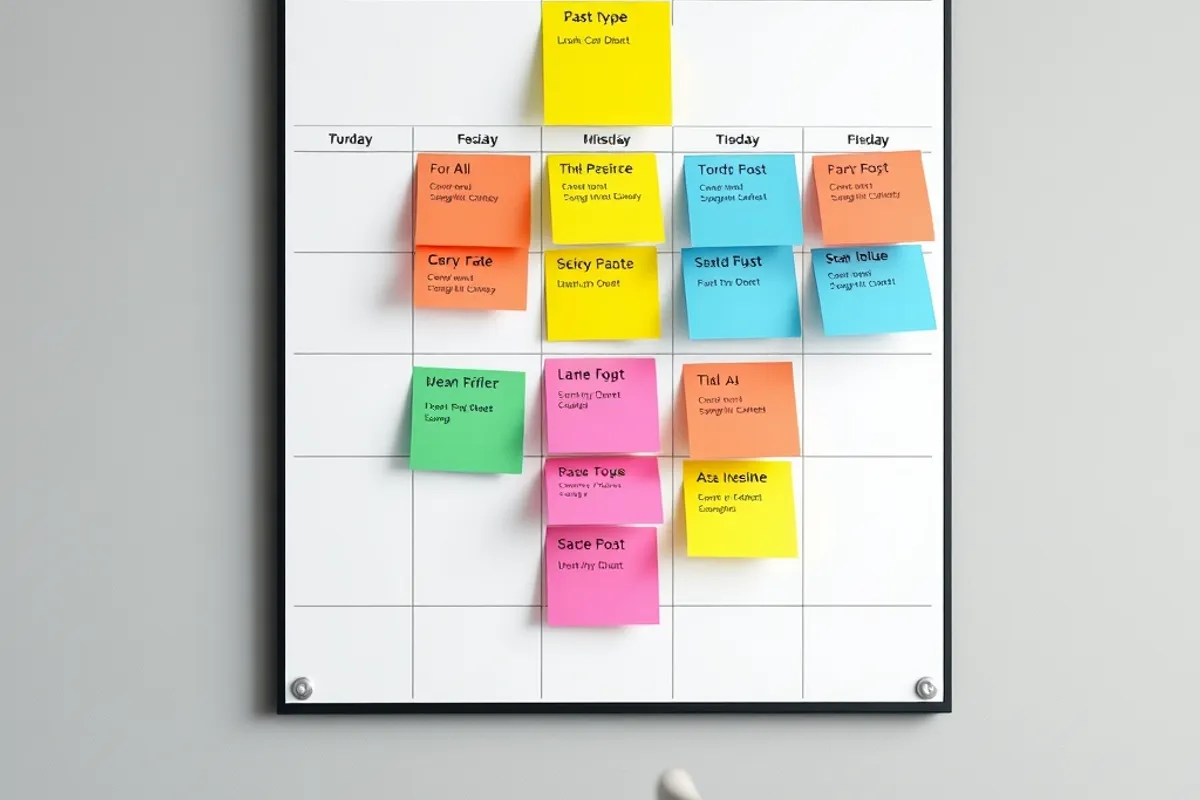 A content calendar with colour-coded notes for different post types