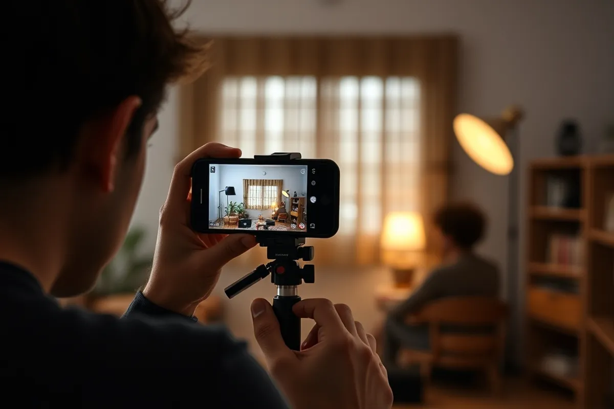 A person filming a short video with a phone on a small tripod