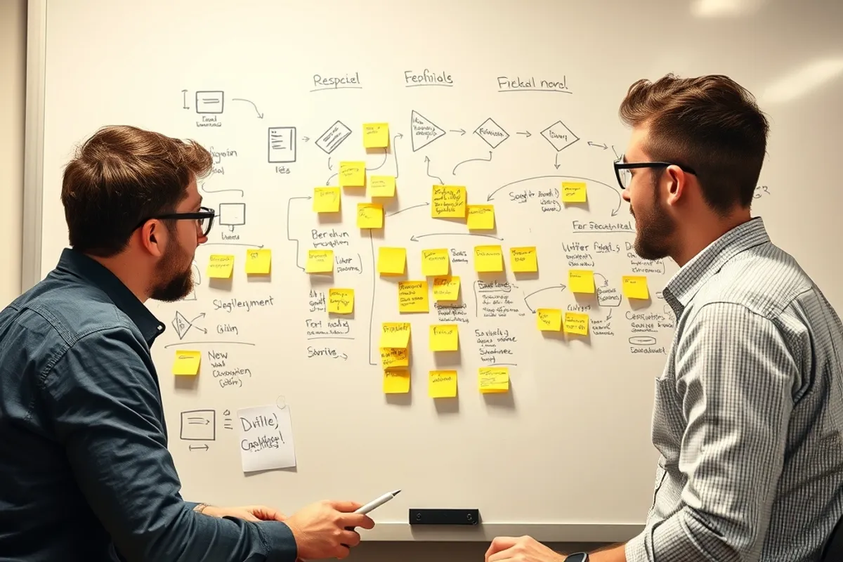 A small development team pairing at a whiteboard covered in sticky notes
