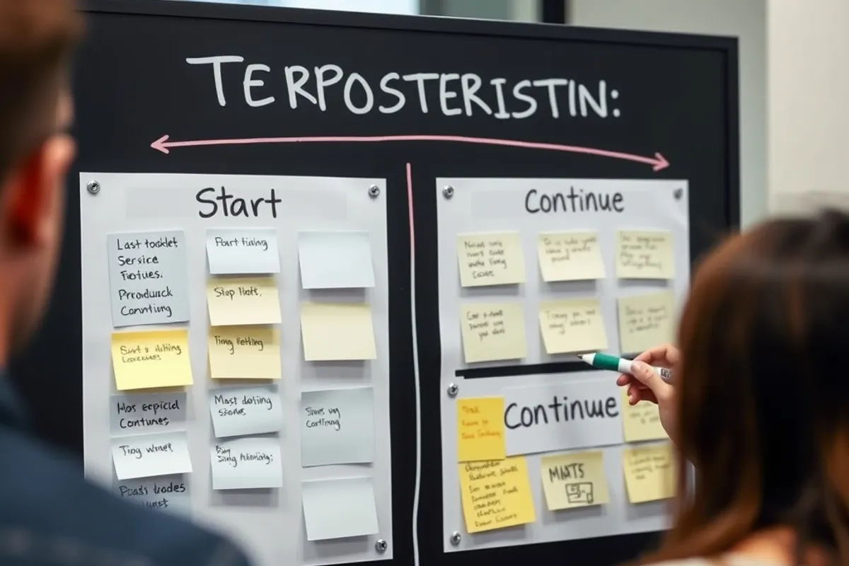 A team retrospective board with notes grouped under start, stop and continue
